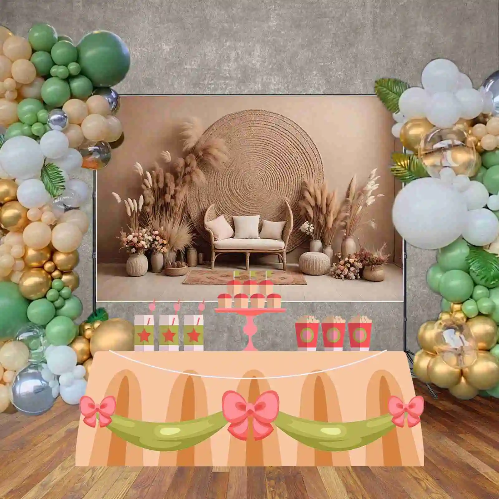 Mond. qg Böhmen Wand Hochzeit Hintergrund Mädchen Blumen trockenes Gras Vintage Hintergründe benutzer definierte Party Dekoration Photo zon Requisiten