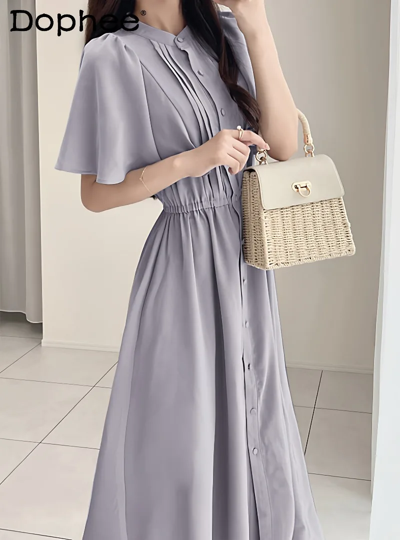 

Japanese Style Sweet Cute Girl Pure Lust Style Small Flying Sleeve Dress 2026 Summer New Solid Color Long Versatile Dress
