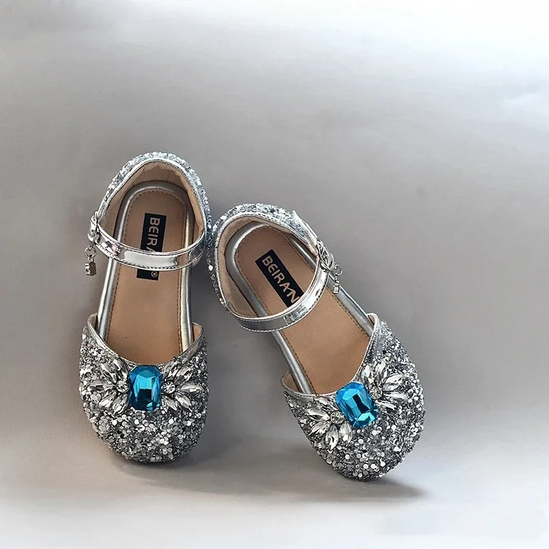 Exquisite Crystal Sapphire Girls Sandals Fashion Shining Sequins Children's Evening Shoes Rhinestone Ice Princess Kids Flats