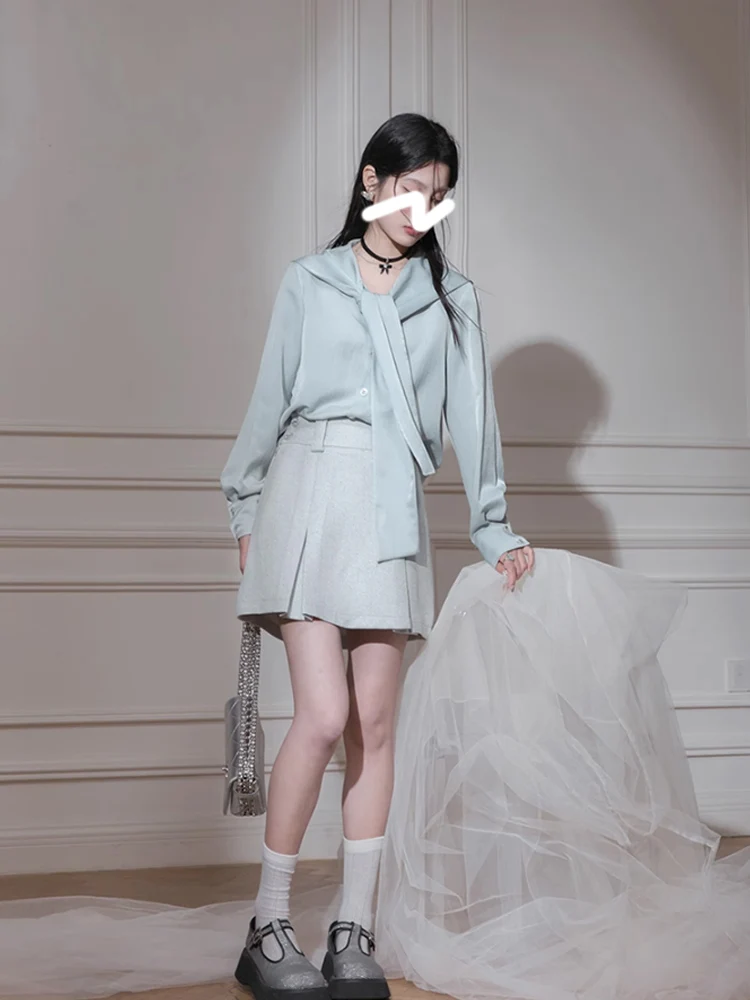 

Шелковый атласный женский свободный топ с темно-синим воротником, весенне-осенний модный дышащий, приятный для кожи TT206