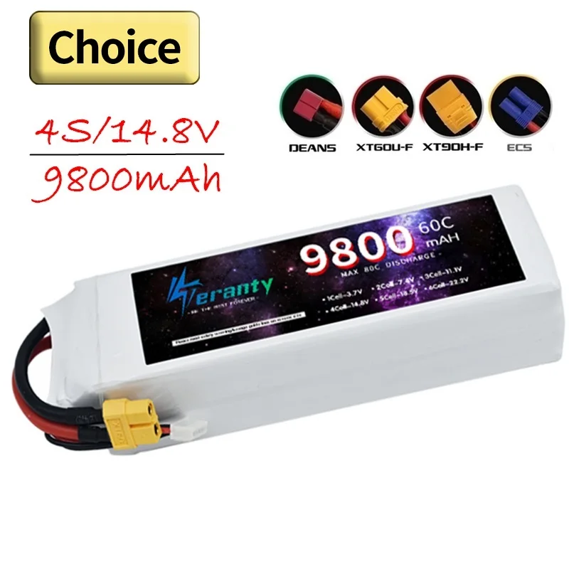 

TERANTY 14.8v Lithium Battery 4S 9800mAh 60C Lipo Battery For RC Racing Car Model Drones Boats Airplane FPV With XT60 Connector