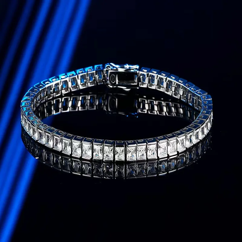 Moissanite ladder square bracelet female couple tennis chain single row diamond S925 sterling silver full diamond light luxury i