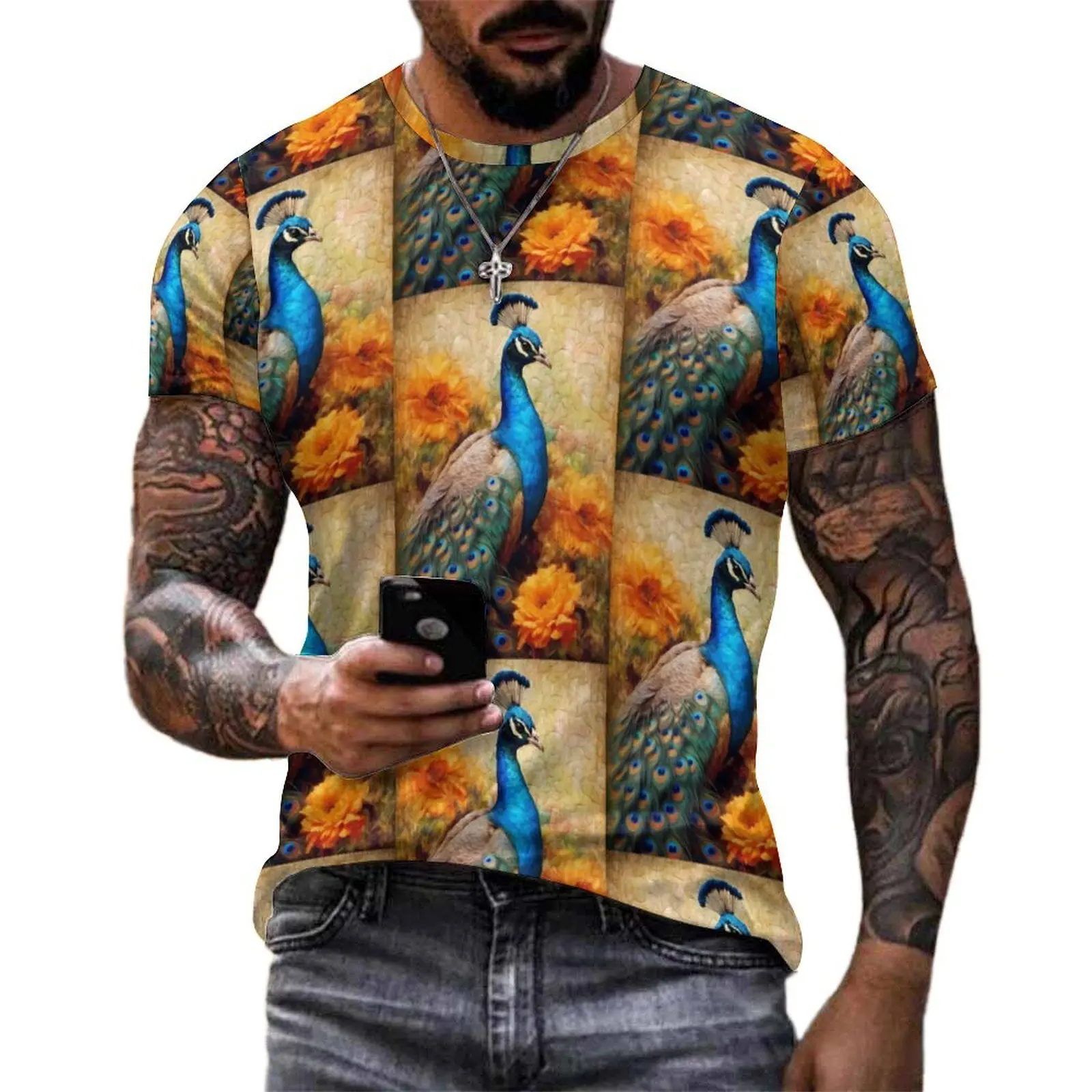 Peacock with Blue Feathers Yellow Flowers T-Shirt Vintage T Shirts Couple Classic Tee Shirt Summer Short-Sleeved Graphic Tees