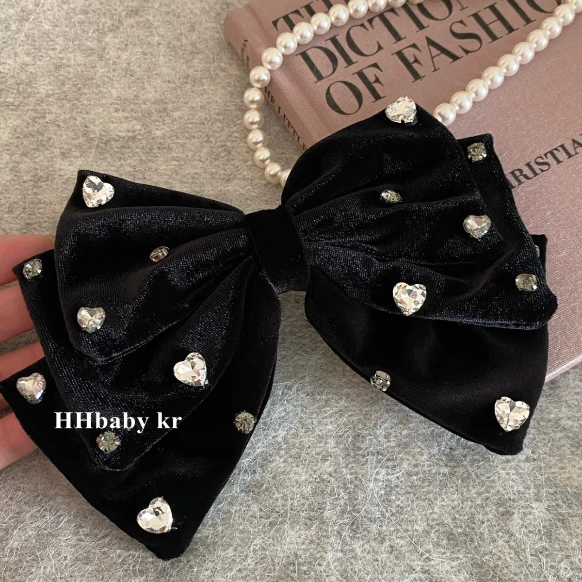 قطعة واحدة من مشبك شعر الماس المرصع بفيونكة، حجر الراين على شكل قلب، مشبك شعر مخملي أسود راقي، أغطية رأس للنساء #4