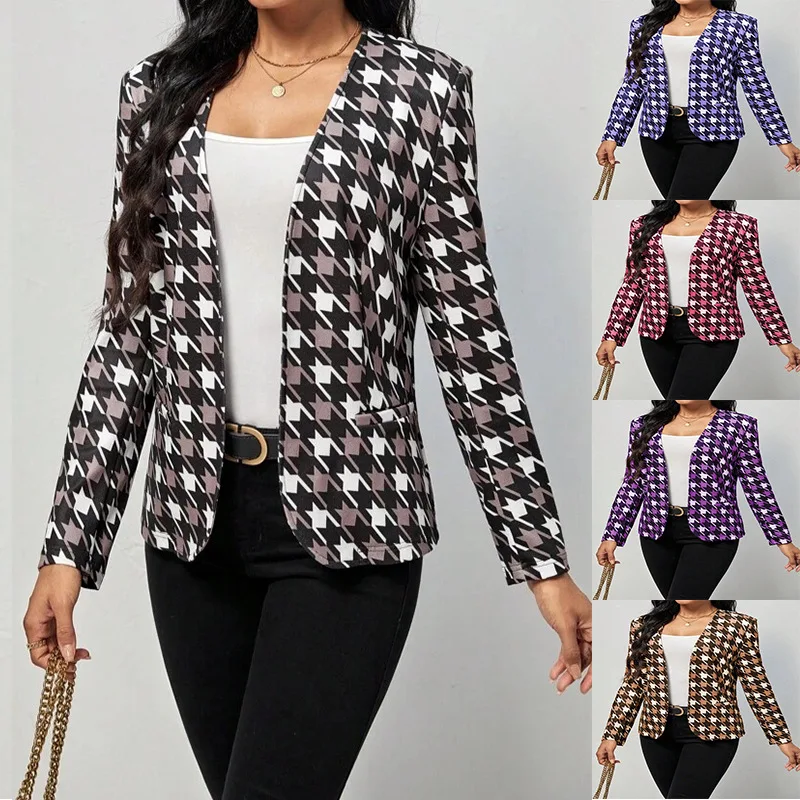 Autumn Winter New Casual Printing Pocket Women Blazer Coat Minimalist Office Slim Fit Female Coats