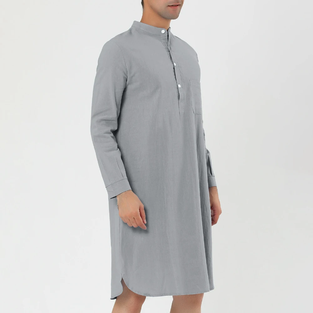 2023 Katoenen Heren Pyjama Effen Kleur Lange Mouw Pyjama O-Hals Casual Heren Badjassen Comfortabele Loungewear Verlengde Versie