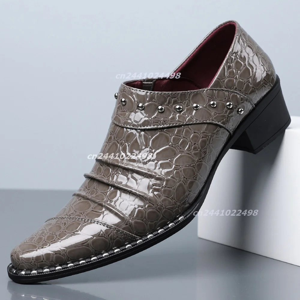 Men's Slip On Metal Rivet Pointed Toe Dress Shoes Crocodile Pattern Upper Mid Block Heel Studded Edge Fashion Party Footwear
