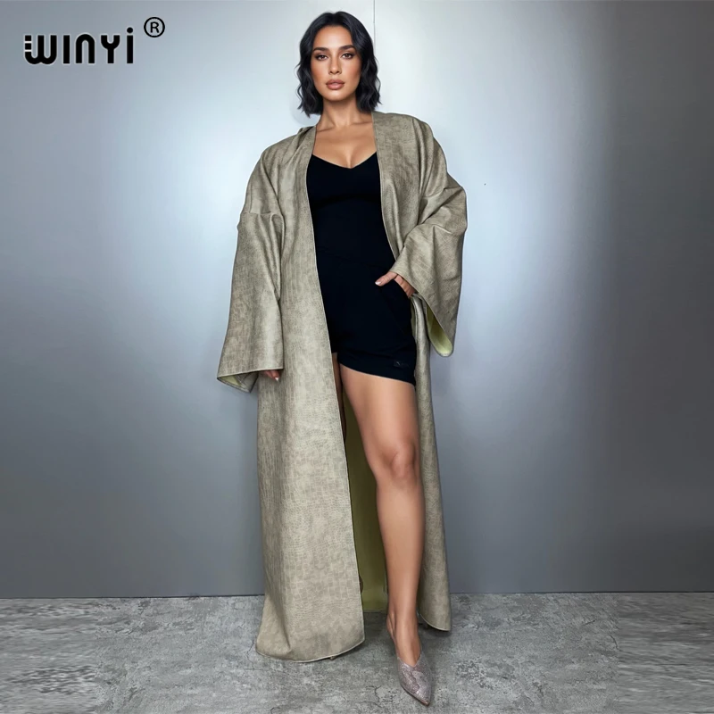 WINYI Winter Women Artificial leather cardigan Long Coat muslim woman dresses robe abaya dubai luxury Middle East Female KIMONO