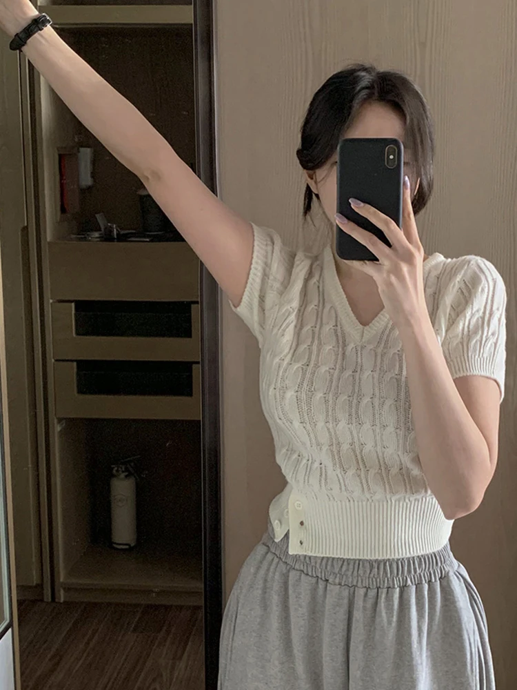 

Корейский свитер Sle V-Ne ort Sve, женский повседневный вязаный летний топ для похудения, витой трикотаж, поездка на работу, мода