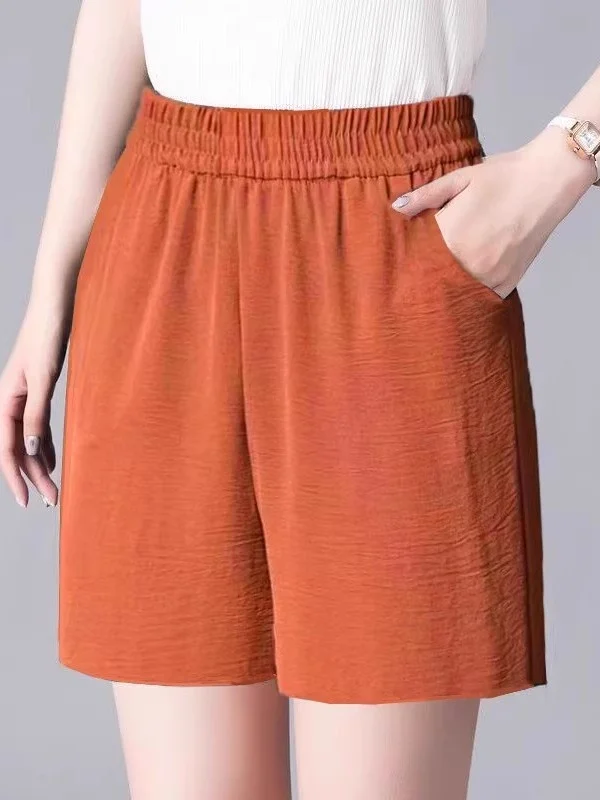 여성 여름 아이스 실크 와이드 레그 팬츠 얇은 신축성 허리 캐주얼 바지 엄마용 티셔츠-쿼터 길이 폴리에스터 섬유