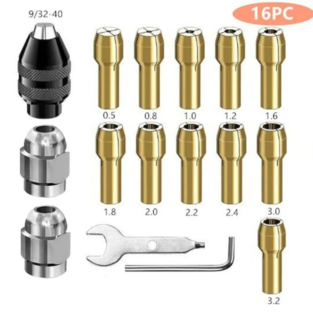 16-Piece Rotary Tool Chuck Set Keyless Design Brass Chuck Quick Change Chuck Set Metal Nuts 0.8-3mm Shank Drill Bit Adapter Kit