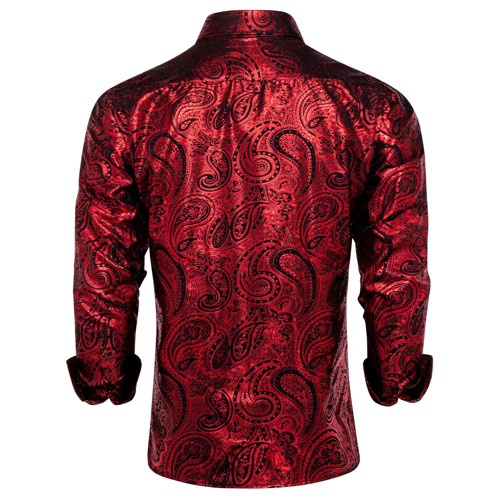 Luxury Gilding Red Green Khaki Paisley Print Silk Dress Shirts for Men Long Sleeve Social Men Clothing Tops Slim Fit