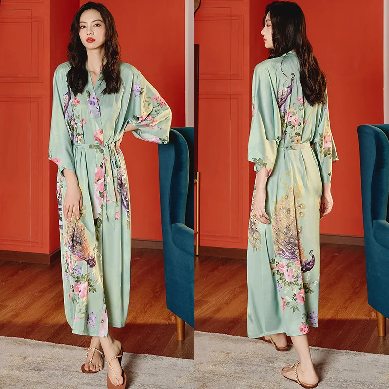 Black Print Flower Long Robe Nightgown Spring Summer Half Sleeve Kimono Bathrobe Gown Women Ice Silk Rayon Home Dress