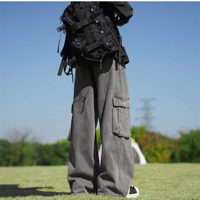 Solidne dżinsy w stylu Harajuku Hip-hopowe w stylu Vintage pantalon duże kieszenie homme szerokie nogawki workowate dżinsy mężczyzn Streetwear