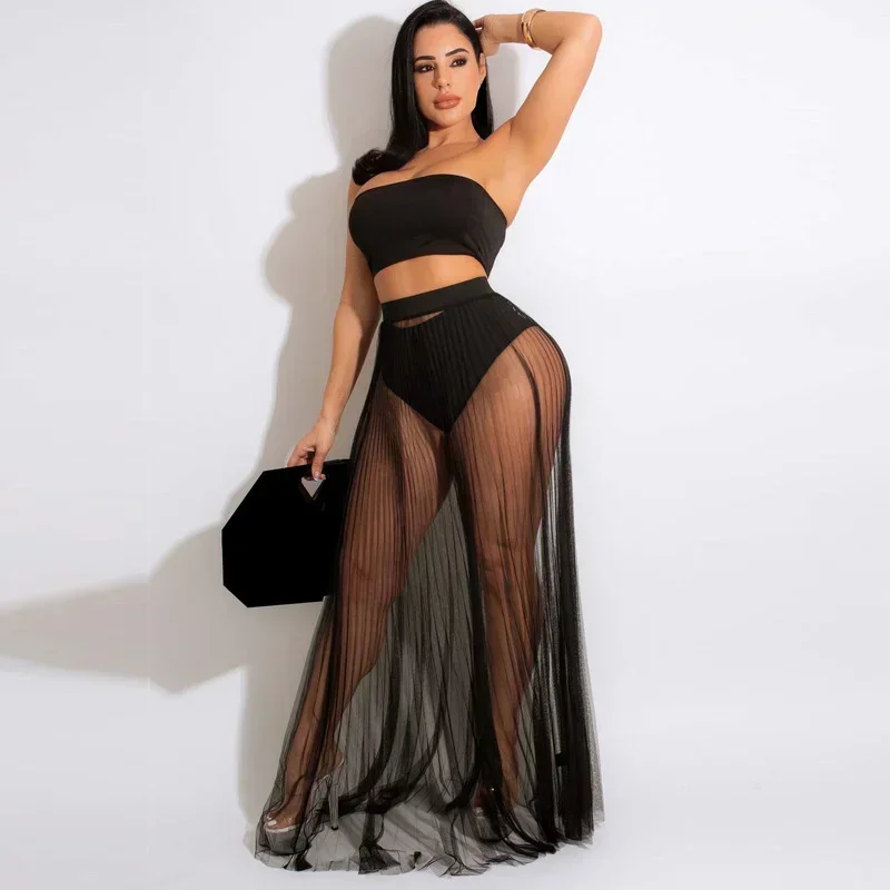 

KEXU Beach Cover 2024 Women's Set Big Swing Maxi Pleated Mesh See Though Skirt and Strapless Crop Top 2 Piece Long Matching Set