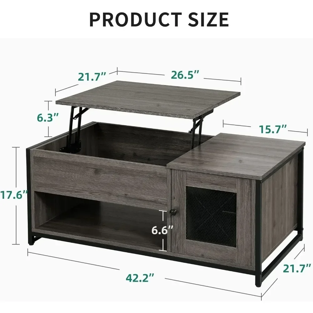 Lift Top Coffee Table with Storage, Double Doors , Wood Tea Center Table sLiving Room for Home Offices, Grey Wash