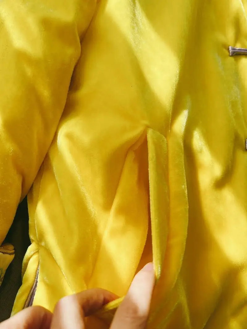 중국 설날 노란색 벨벳 자수 면 자켓 겨울 외투 여성 전통 의상