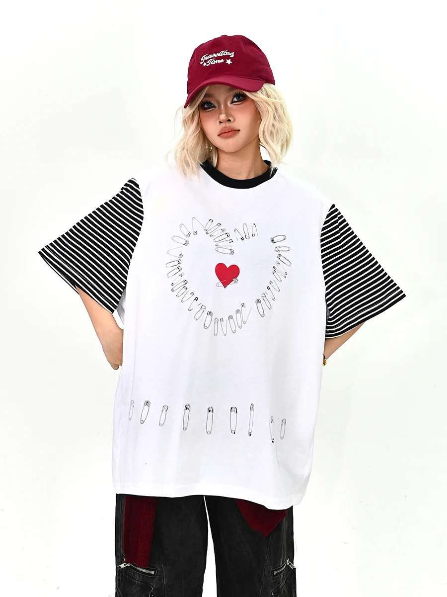 

Summer New Loose Women's Striped Heart ort Sve T-irt Couple's American College Sle BF Casual Street Faion Top