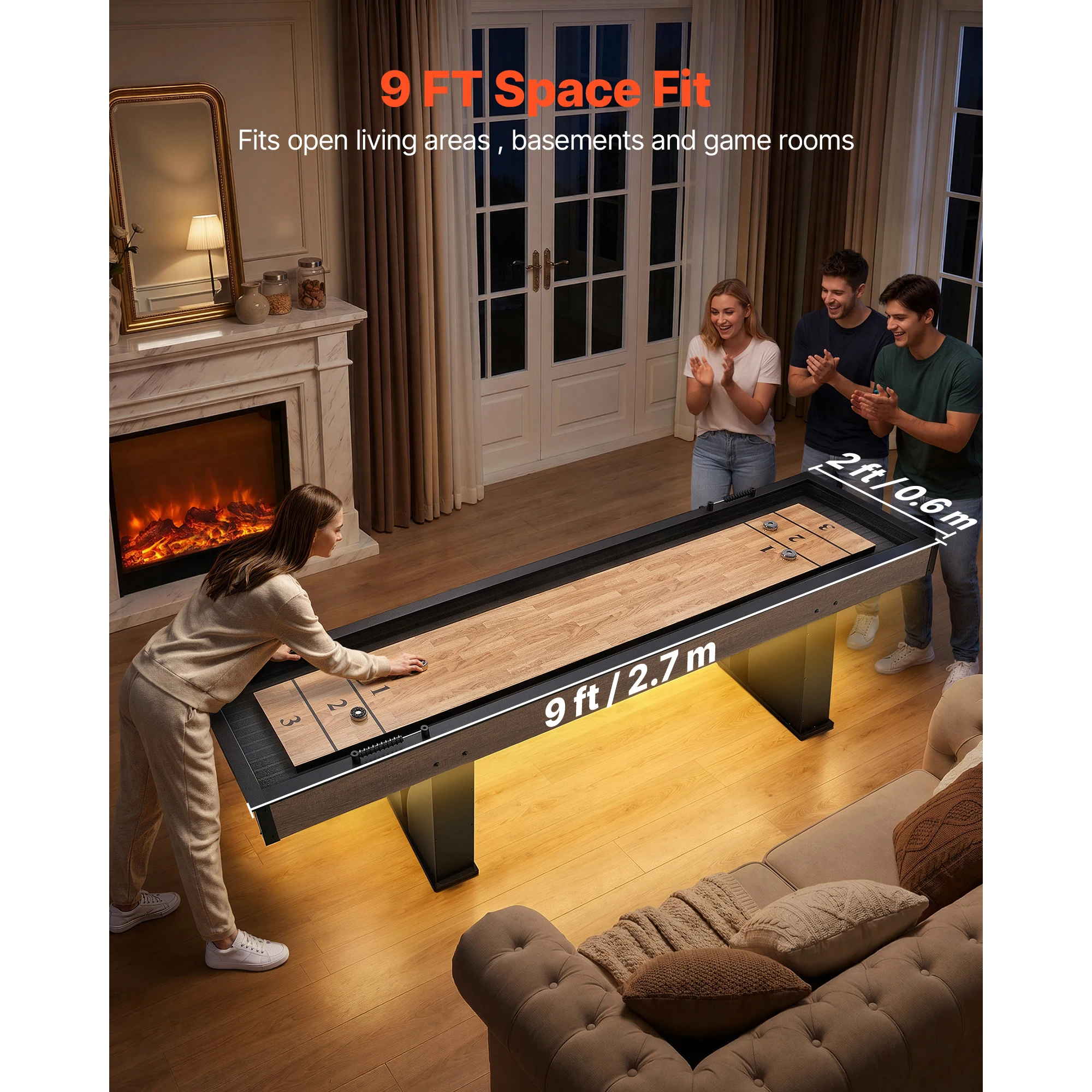 9 ft LED Shuffleboard Table, 2 in 1 Shuffleboard and Bowling Combo Set, 8 Pucks, Shuffle Board with Light‑Up Rails, Scratch-Resistant Playfield, Bowling Set, Wax, Brush, Designed for Family Game Room
