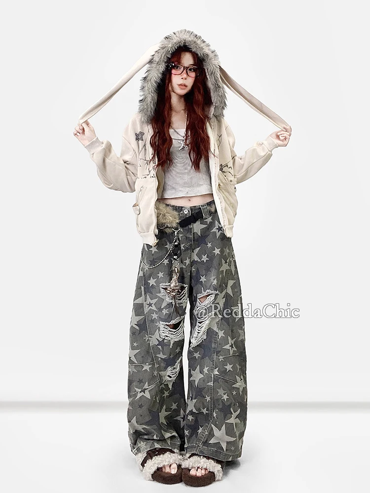 REDDACHiC Esthetische Zip Up Grafische Hoodies Jas Bunny Oor Fuzzy Capuchon Fleece Gevoerde Oversized Top Harajuku Y2k Vrouwen Kleding