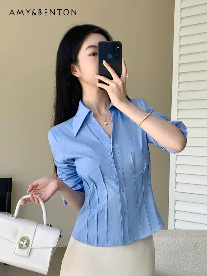 

Korean Ins Fashion Blue Shirt Women Autumn 2024 New High-end Temperament Versatile Short Shirts Commuter Style Slim Camisas