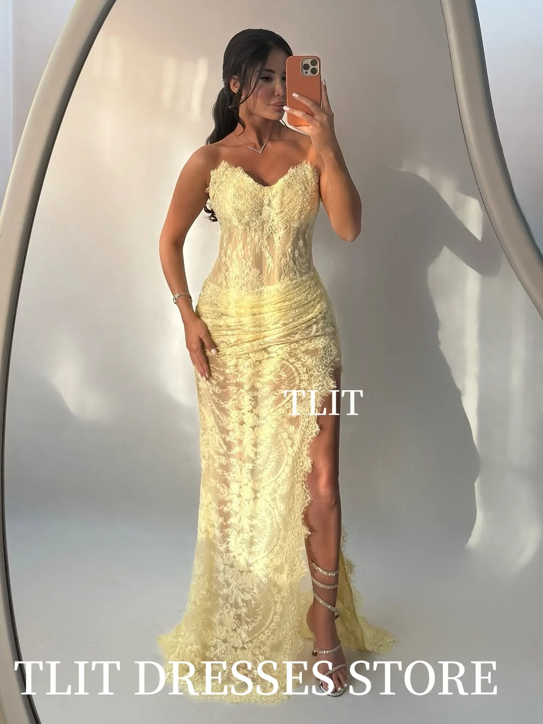 TLIT-vestidos de noche elegantes de sirena de encaje amarillo, personalizados, Sweetheart, lado alto, sin mangas, plisados, vestidos de graduación