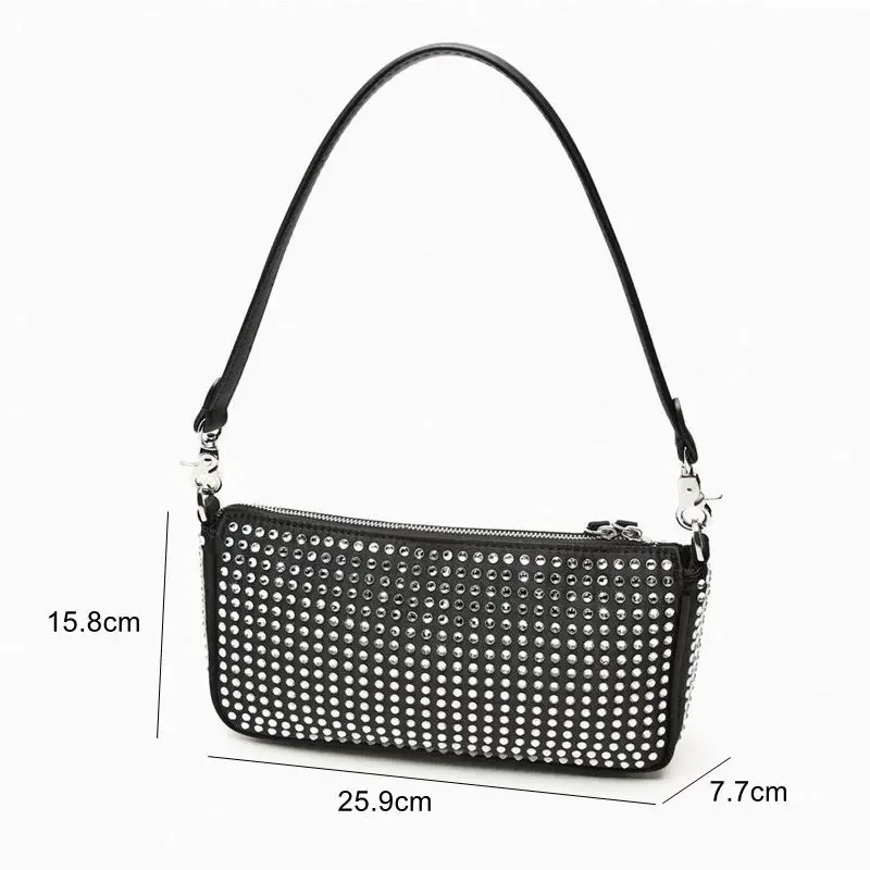 ZA Bright Rhinestone Luxury Small Purse for Women New Black PU Leather Handheld Shoulder Underarm Handbag Trendy Crossbody Bags