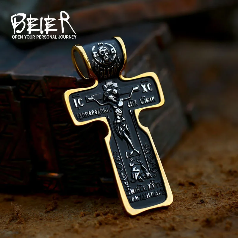 BeierJesus Cross Men's  Stainless Steel Part Gold Color Crucifix Eastern Orthodox Pendant Chain Necklace Jewelry BP8-621