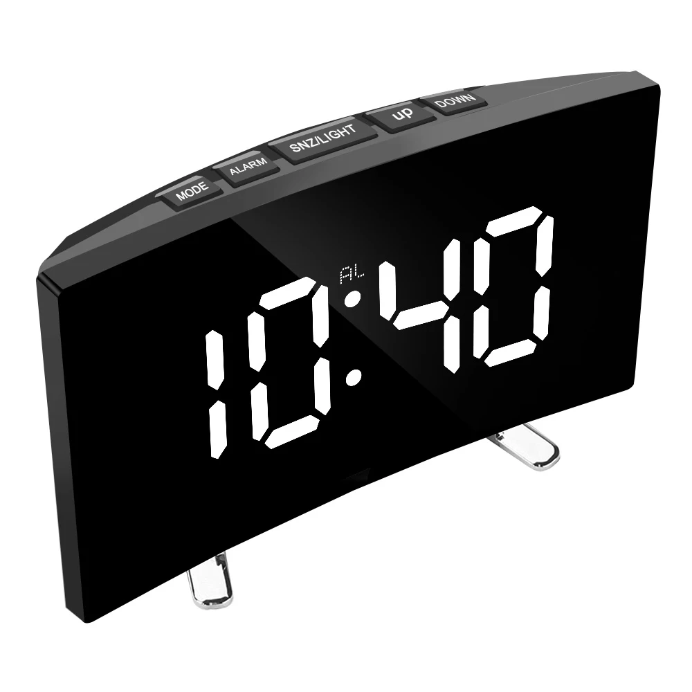 For Kids Bedroom Curved Dimmable Mirror Clock 7 Inch Digital Alarm Clock Home Decors Large Number Table Clock LED Screen