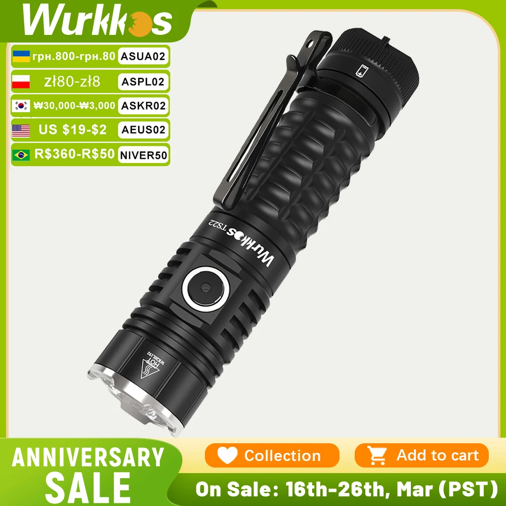 Wurkkos TS22 High Power LED Flashlight 4500LM EDC Rechargeable Lamp 21700 XHP70 IP68 Camping Lantern Power Bank with Magnet Tail