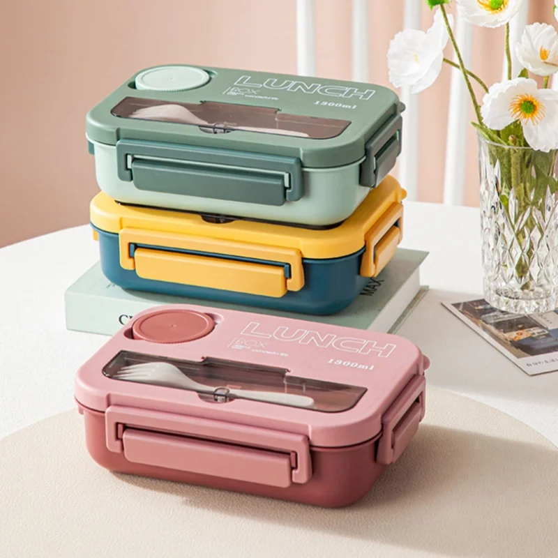 Scomparto 1300ML Lunch Box portatile Bambini Studenti Bento Box da ufficio con forchetta e cucchiaio Contenitore per alimenti per microonde