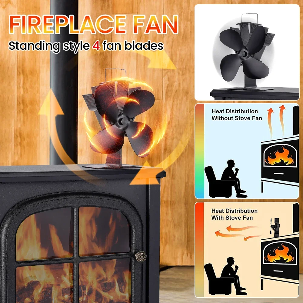 4 Blade Heat Powered Stove Fan Log Wood Burner Eco Friendly Quiet Fireplace Fan Winter Warm Home Efficient Heat Distribution