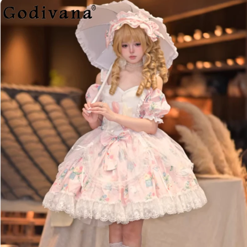 

Spring Summer Lolita Elegant Slash Neck Print Princess Dress Fashion High Waist A-line Versatile Age Reduction Suspender Dresses