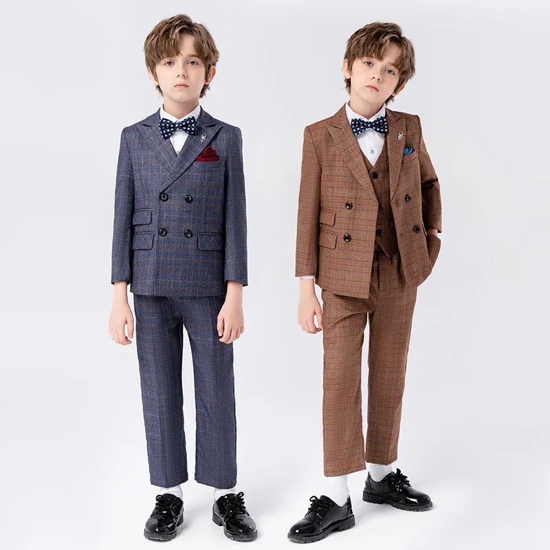 Children Khaki Piano Party Dress School Kids Graduation Ceremony Photograph Suit Flower Boy Host Performance Dance Show Costume