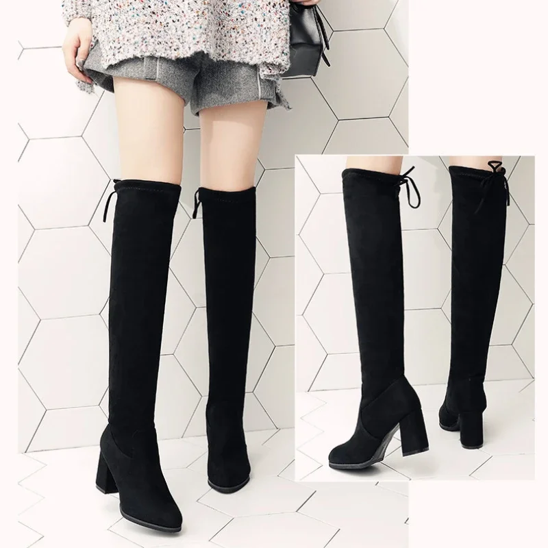 Botas largas elásticas de gamuza sintética para mujer, botas por encima de la rodilla, zapatos de plataforma sexys negros informales para discoteca,