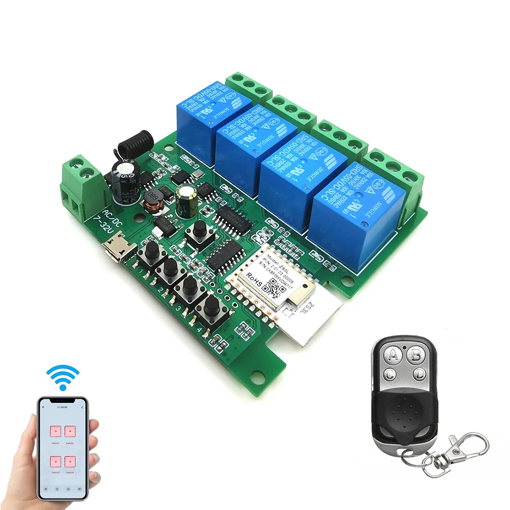 A42T-4CH Zigbee Smart Light Switch Module DC 5-32V RF433 Receiver 10A Relays Work With Alexa Assistant,Tuya Smart Life