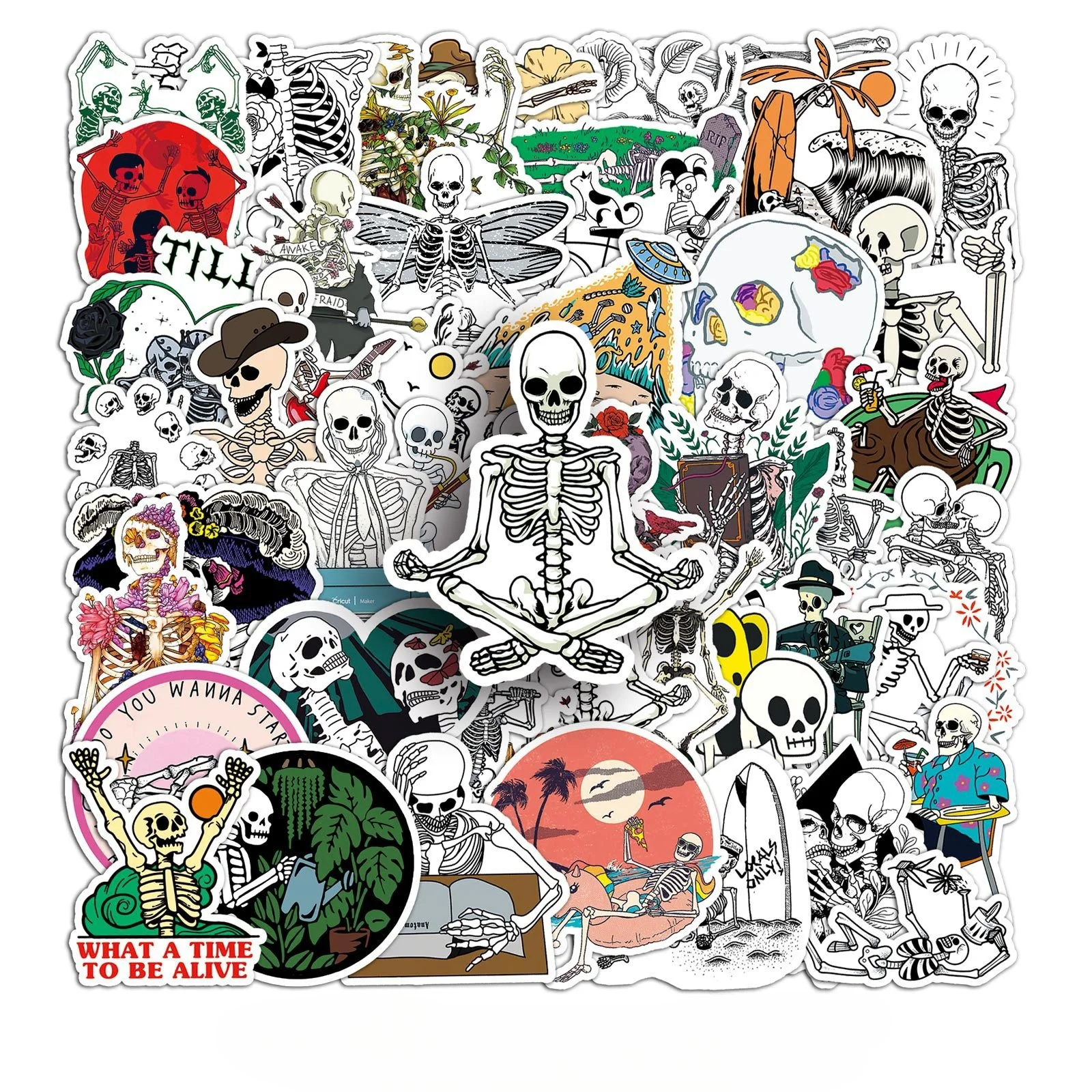 

50pcs Horror Skeleton Stickers Cartoon Spooky Thriller Skull Day Of The Dead Decorative DIY Tablet Computer Phone Sticker