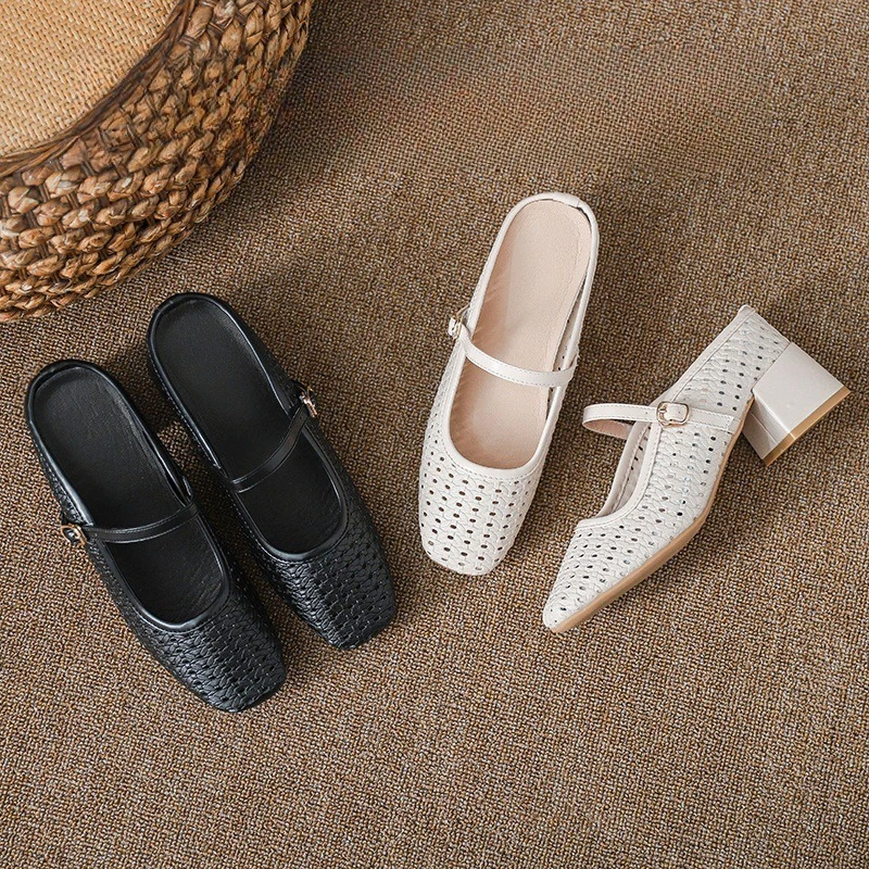 

Size 33-39 2026 Summer New Women's Shoes Black Perforated Fabric Strap Square Low Block Heel Comfort Mules Sandals