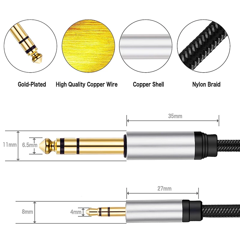 3.5mm To 6.35mm Stereo TRS 1/4 To 1/8 Male To Male Nylon Braided Audio Cable for Theater Devices PC Phone Amplifier Guitar Mixer