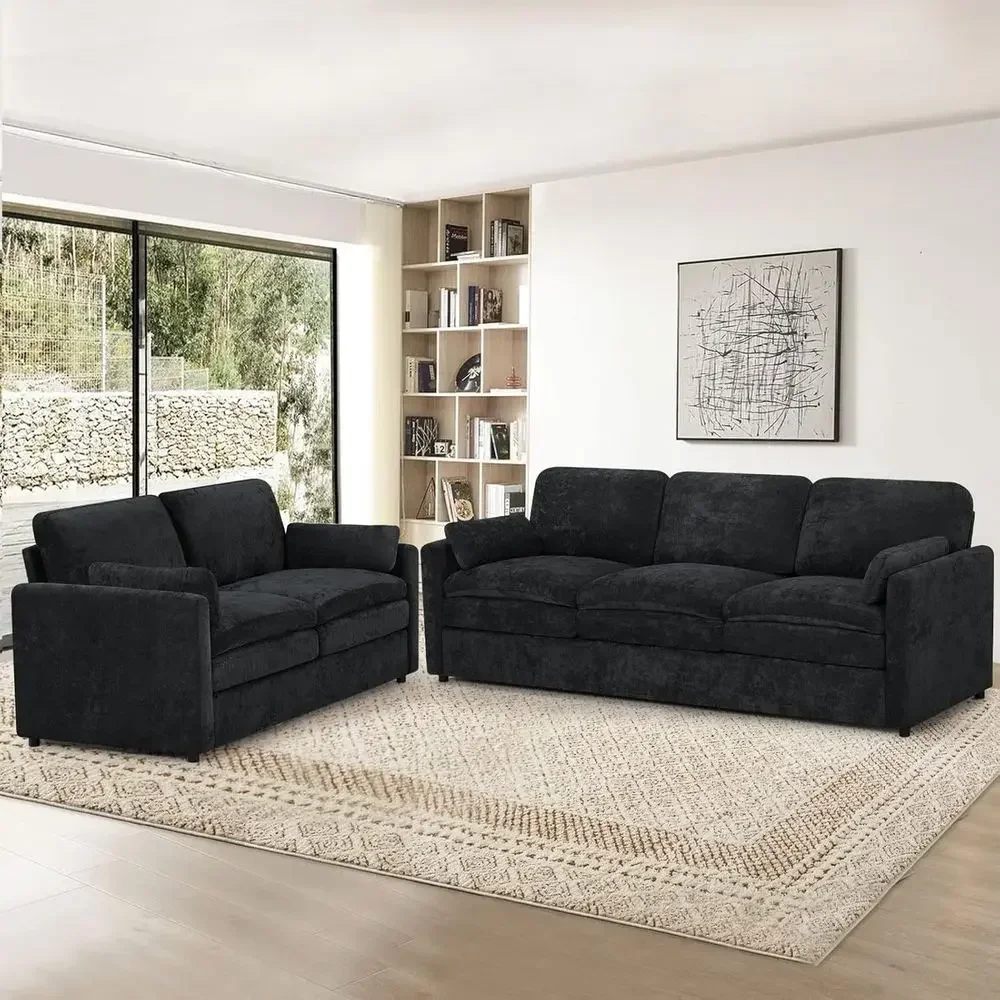 2 Pieces Chenille Soa Set w/Two Throw Pillows, Upholstered Loveseat & 3 Seater Soa w/Comortable Back Cushions, ern 2-Seat & 3-Se