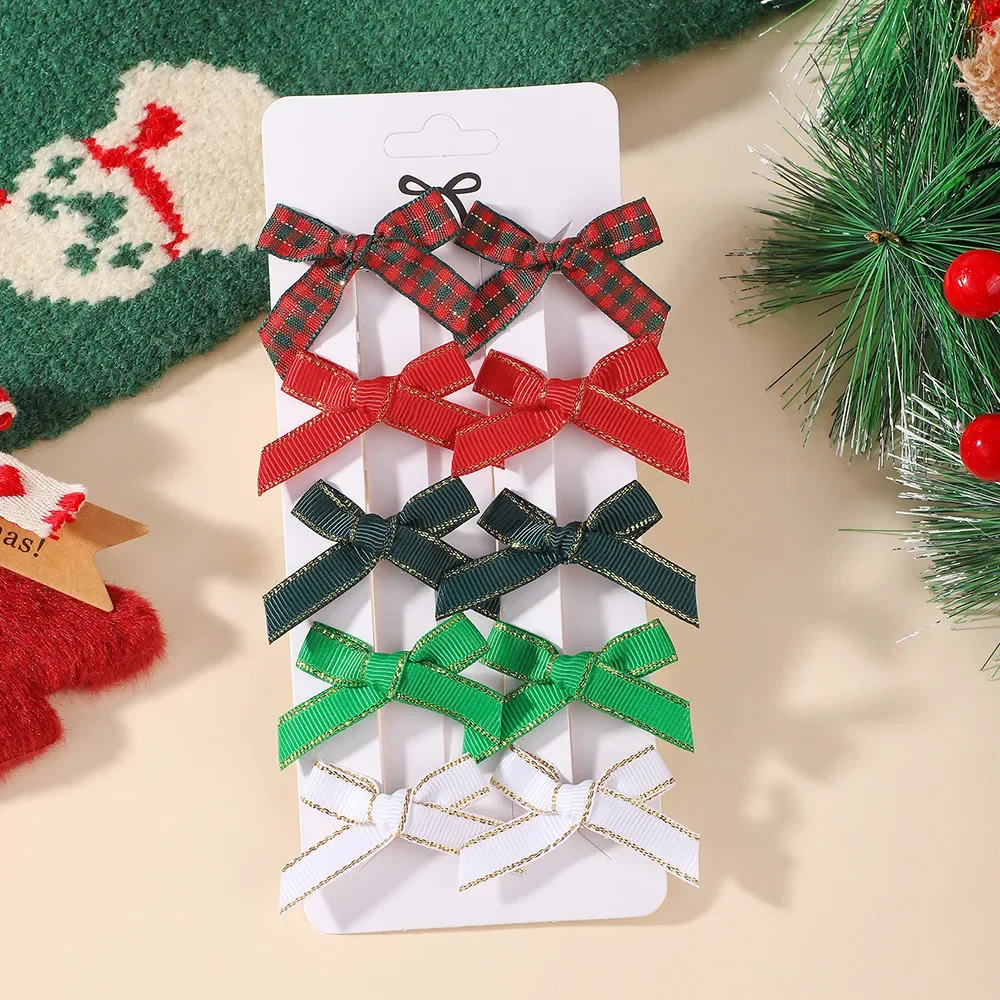 Christmas Gold Edge Grosgrain Bow Hair Clips 10Pcs Set Red Green White Mini Bow Hairpins Girls Party Family Photos Headwear Gift
