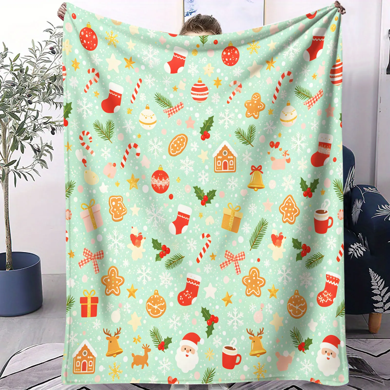 Mint Green Christmas Flannel Throw Blanket Gingerbread House Santa Reindeer Snowflake Print Soft Microfiber Blanket Holiday Home