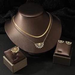 Hot Exquisite stainless steel turquoise pendant 3 Pcs Necklace Earrings Ring Set for Women arabic style bridal wedding Set Gift