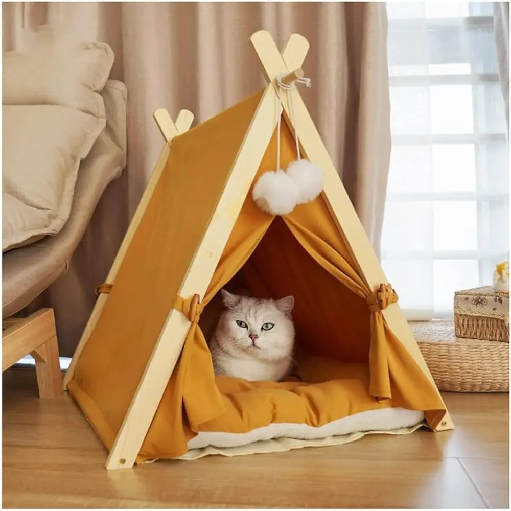 

Durable Wooden Indoor Cat Tent with Plush Mat, Portable Dog Teepee Tent, Adorable Cat Cave Bed, Dog Bed in Orange
