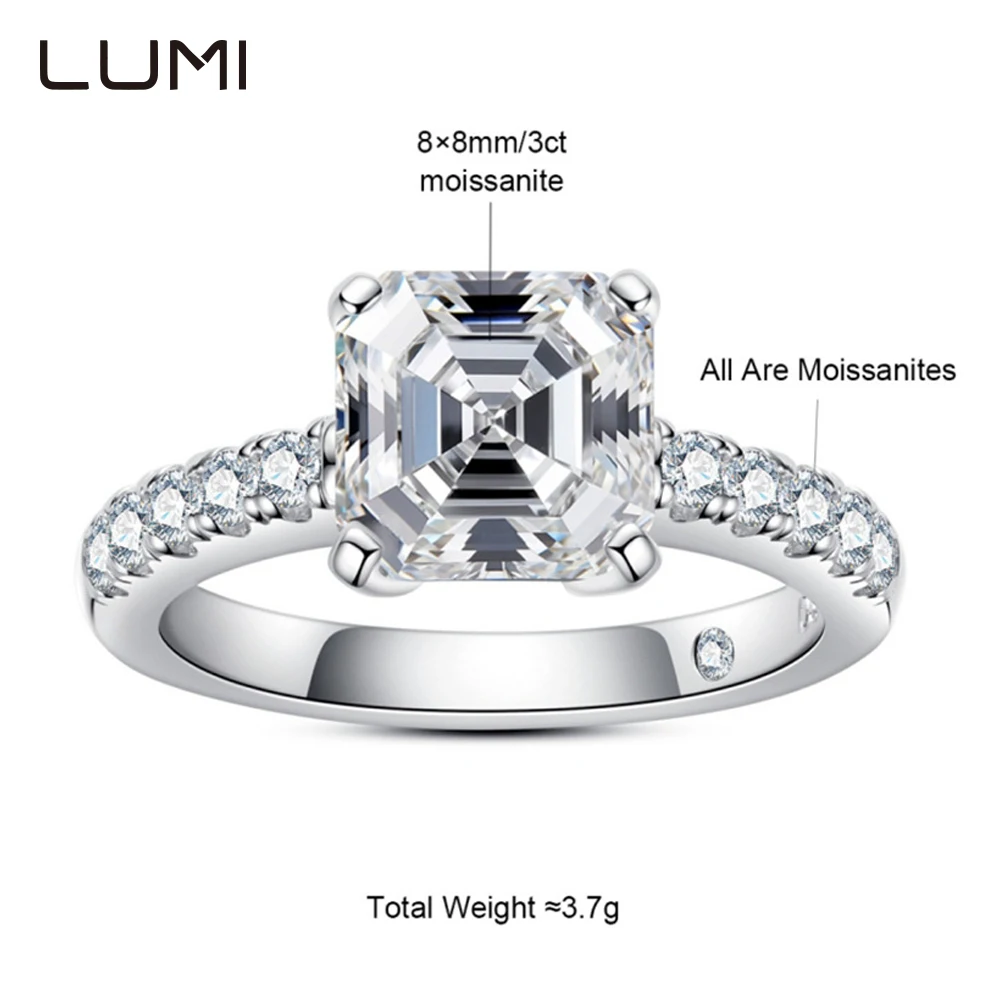 

LUMI 3ct Asscher Cut Moissanite S925 Silver Ring INS Style Bands for Party Anniversary Birthday Present Engagement Jewelry