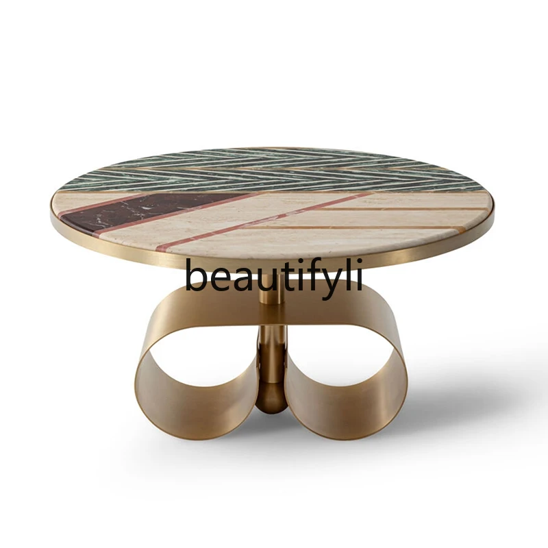 

Italian light luxury stainless steel marble coffee table combination villa home use, color matching pattern short round tea