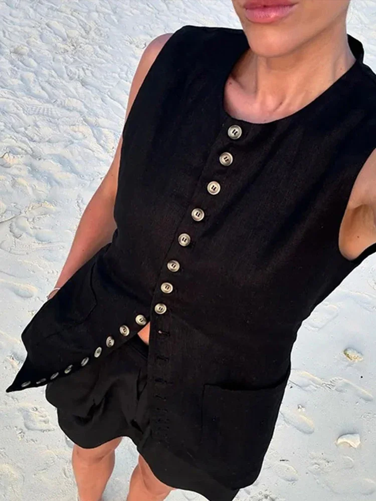 Elegant Single Breasted Long Vest Women Summer O-neck Sleeveless Slim Back Lace Up Tank Tops New Fashion Lady Office Waistcoat