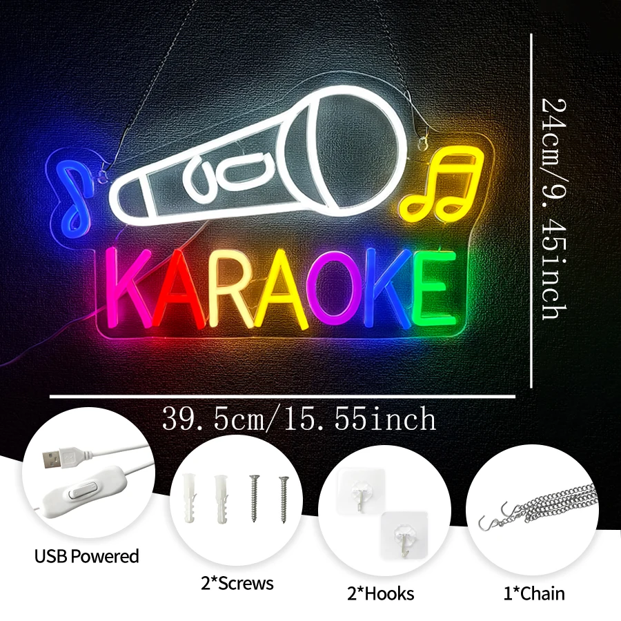 Karaoke Led Neon Sign, Colorful Letters Retro Hand Wheat Icon, Live Broadcast, Bar, Music Studio, Game Room, Party Art Decor.
