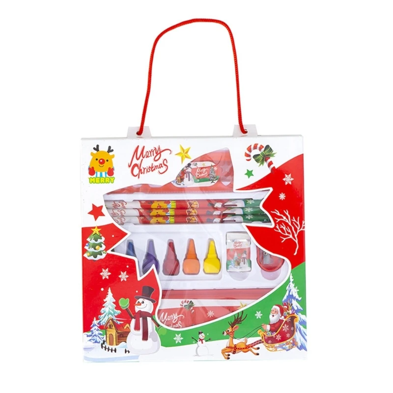 Children School Stationery Set Christmas Pen Case, Pencil, Crayon, Ruler, Eraser Kits for Boys Girls New Year Party Gifts