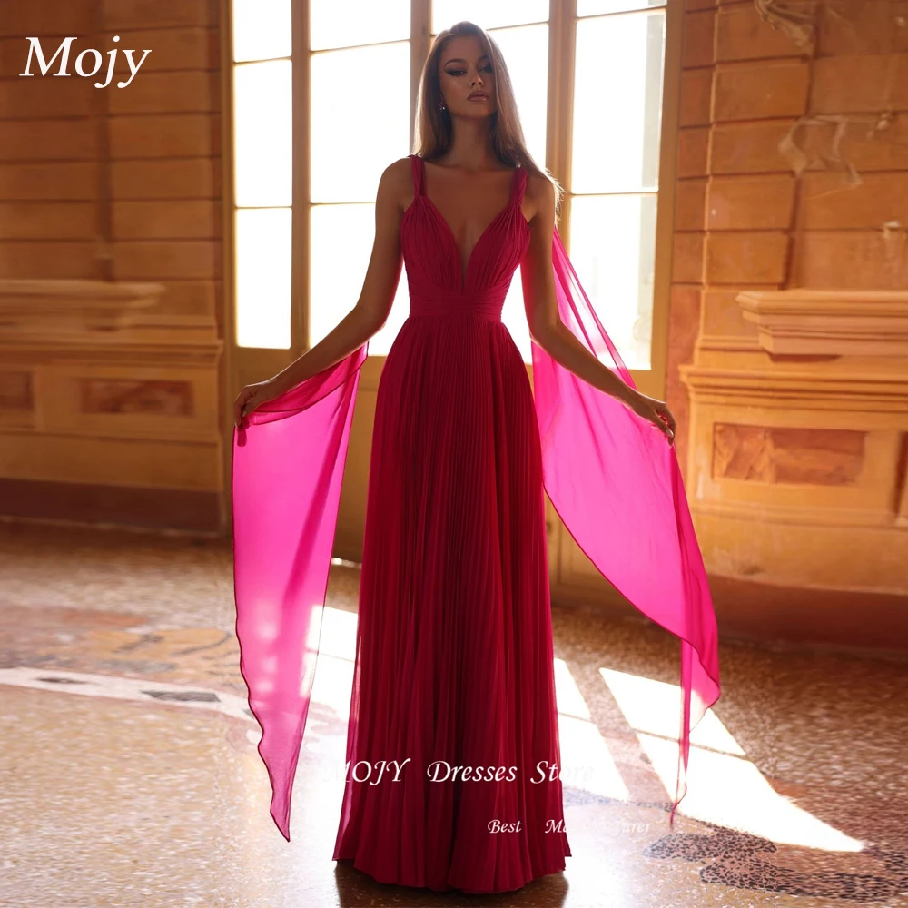 

Mojy Customized V Neck Evening Dresses Long Pink Chiffon A Line Backless فستان سهرة Vestidos De Noche Party Dresses with Cape